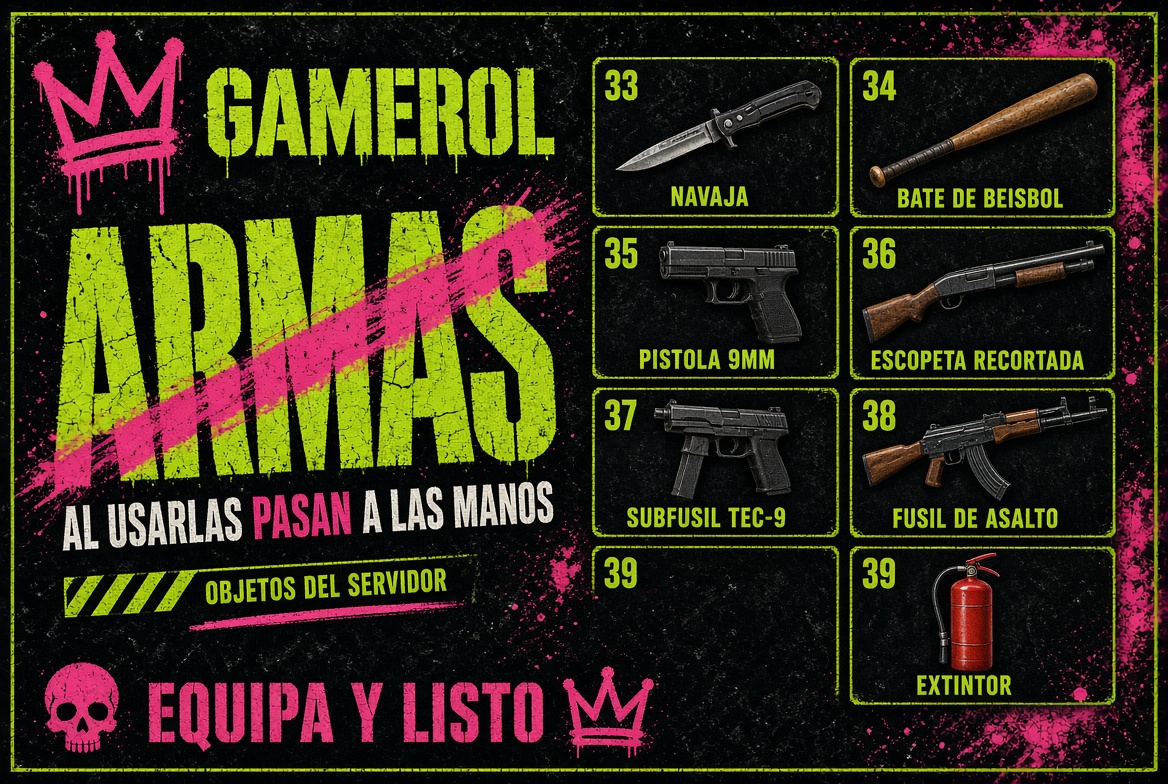 Armas: navaja, bate de béisbol, pistola 9mm, escopeta recortada, subfusil Tec-9, fusil de asalto y extintor