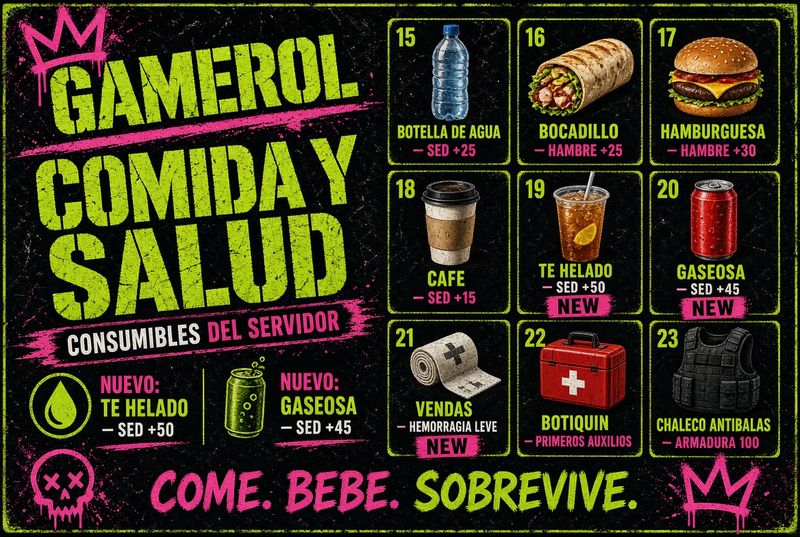 Comida y salud: botella de agua, bocadillo, hamburguesa, café, té helado, gaseosa, vendas, botiquín y chaleco antibalas