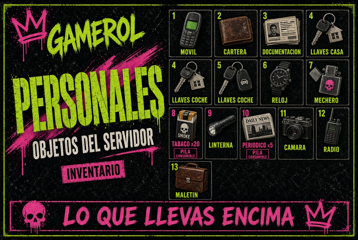 Objetos personales: móvil, cartera, documentación, llaves, reloj, mechero, tabaco, linterna, periódico, cámara, radio y maletín