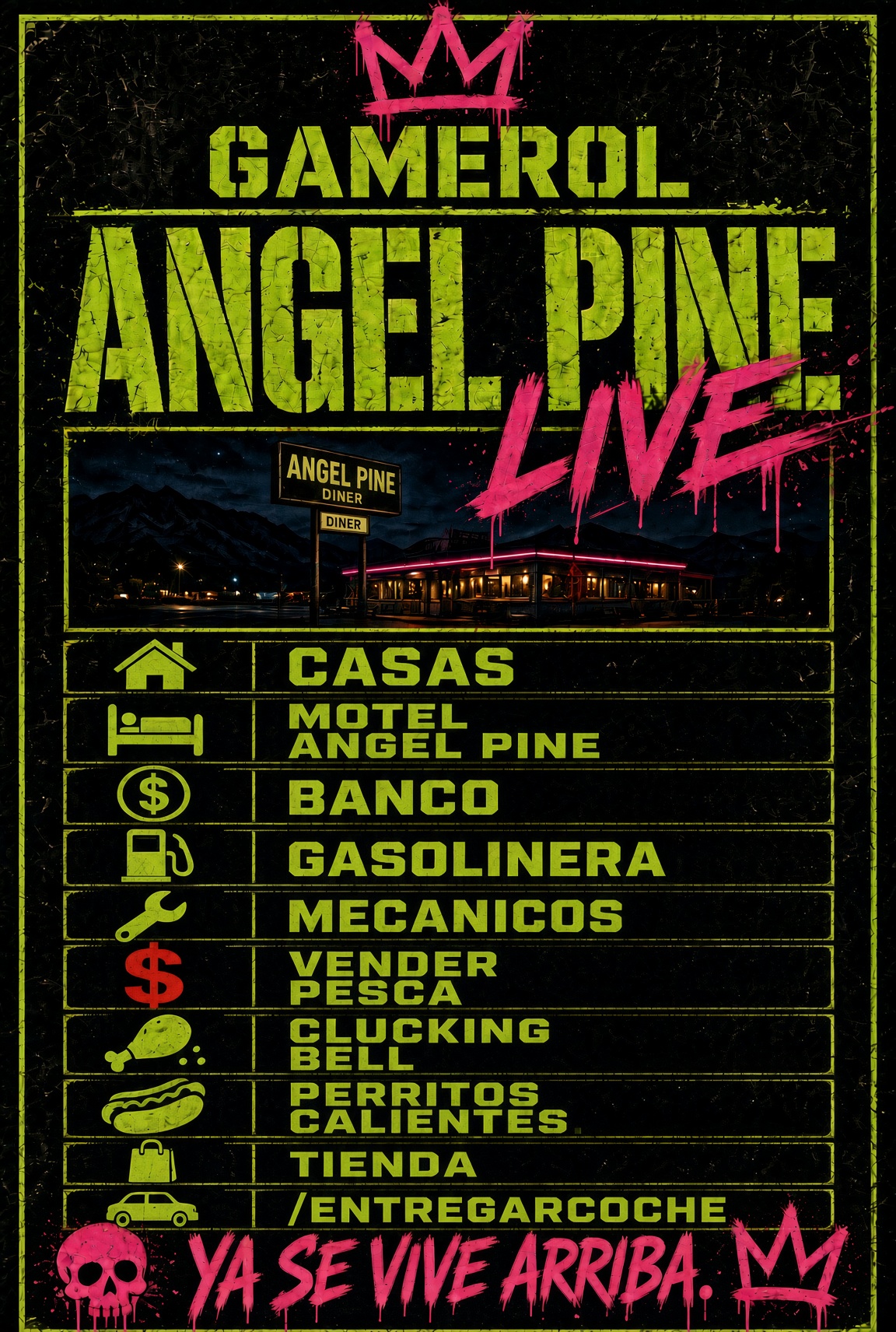 Gamerol Angel Pine LIVE: casas, motel, banco, gasolinera, mecánicos, vender pesca, Cluckin' Bell, Perritos Calientes, tienda y /entregarcoche
