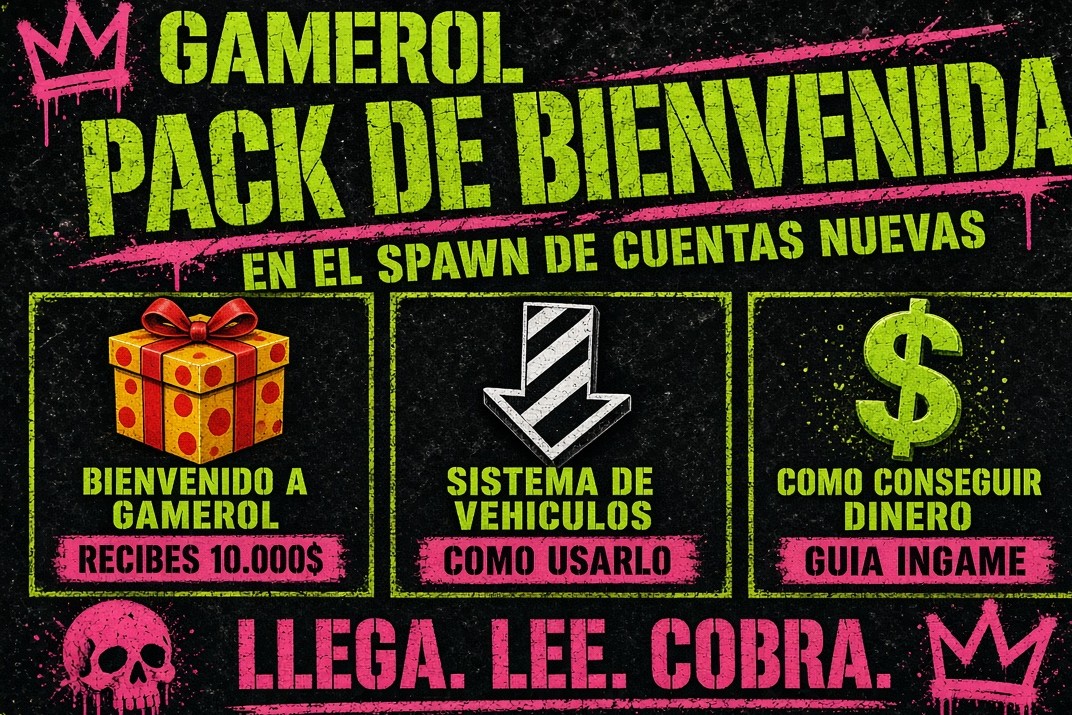 Pack de bienvenida Gamerol en el spawn de cuentas nuevas: dinero, guía del sistema de vehículos y guía de cómo conseguir dinero