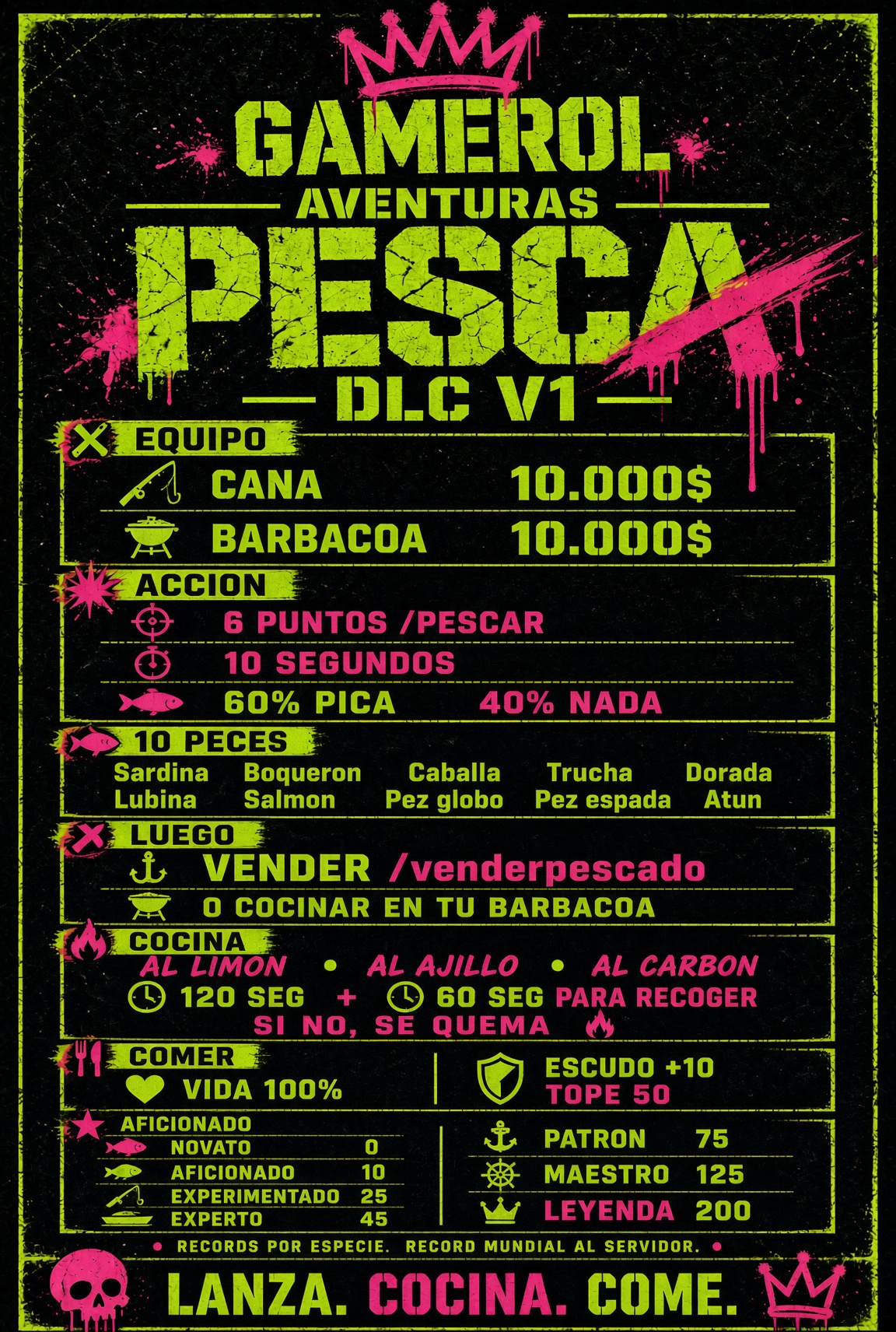 Gamerol Aventuras: DLC Pesca V1 -- caña y barbacoa 10.000$ cada una, 6 puntos de pesca, 10 peces, cocina y rangos de pescador