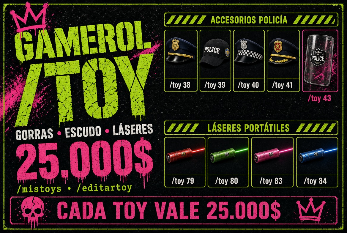 Gamerol /toy: gorras, escudo y láseres, cada toy vale 25.000$